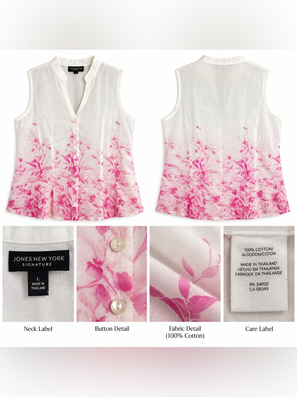 Jones New York White Sleeveless Cotton Top with Pink Floral Ombre